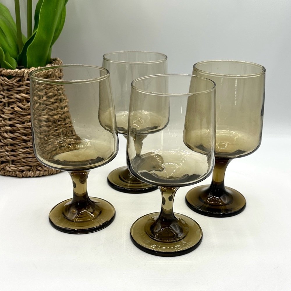 4 Libbey Smokey Tawny MCM Wine Glasses. 1960s